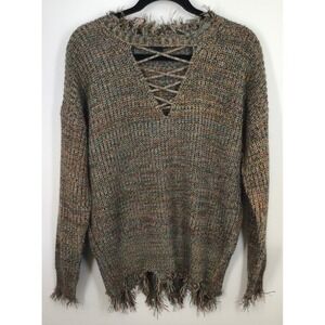 Y2K Multicolor Art Marled Lace-Up Knit Sweater with Distressed Fringe Hem M